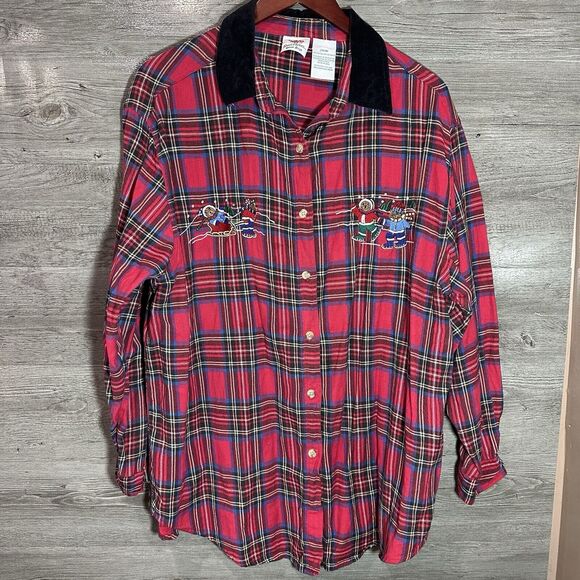 Vintage Nutcracker Plus Plaid Button Up Shirt Sz 20W Christmas Bears Embroidered - Picture 1 of 10